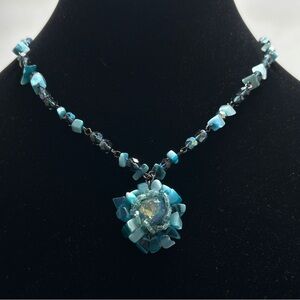 Tiara Misu, Turquoise Dyed Shell & Blue Crystal Floral Pendant Short Necklace